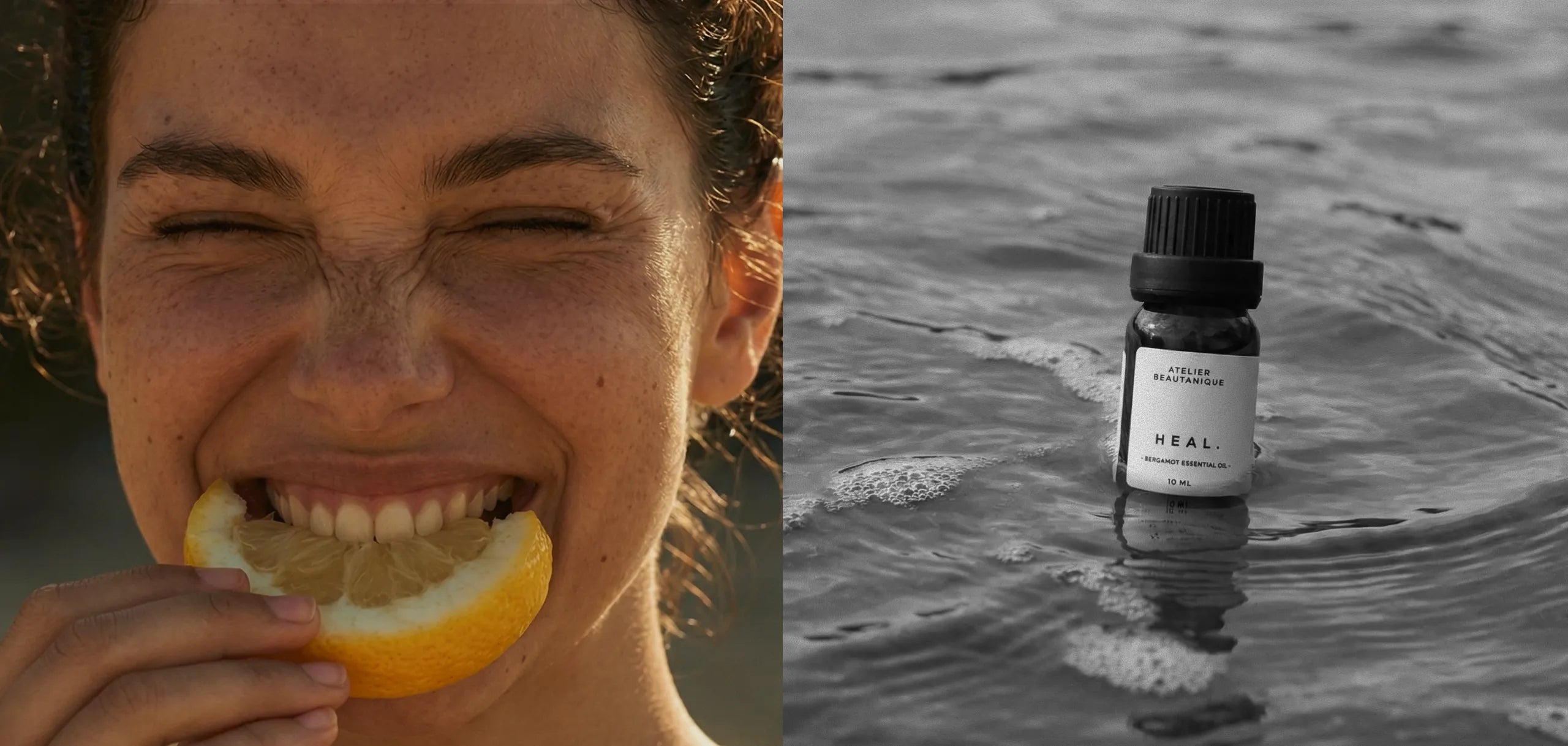 Person eating an orange slice on one side and a bottle labeled 'HEAL' in water on the other.