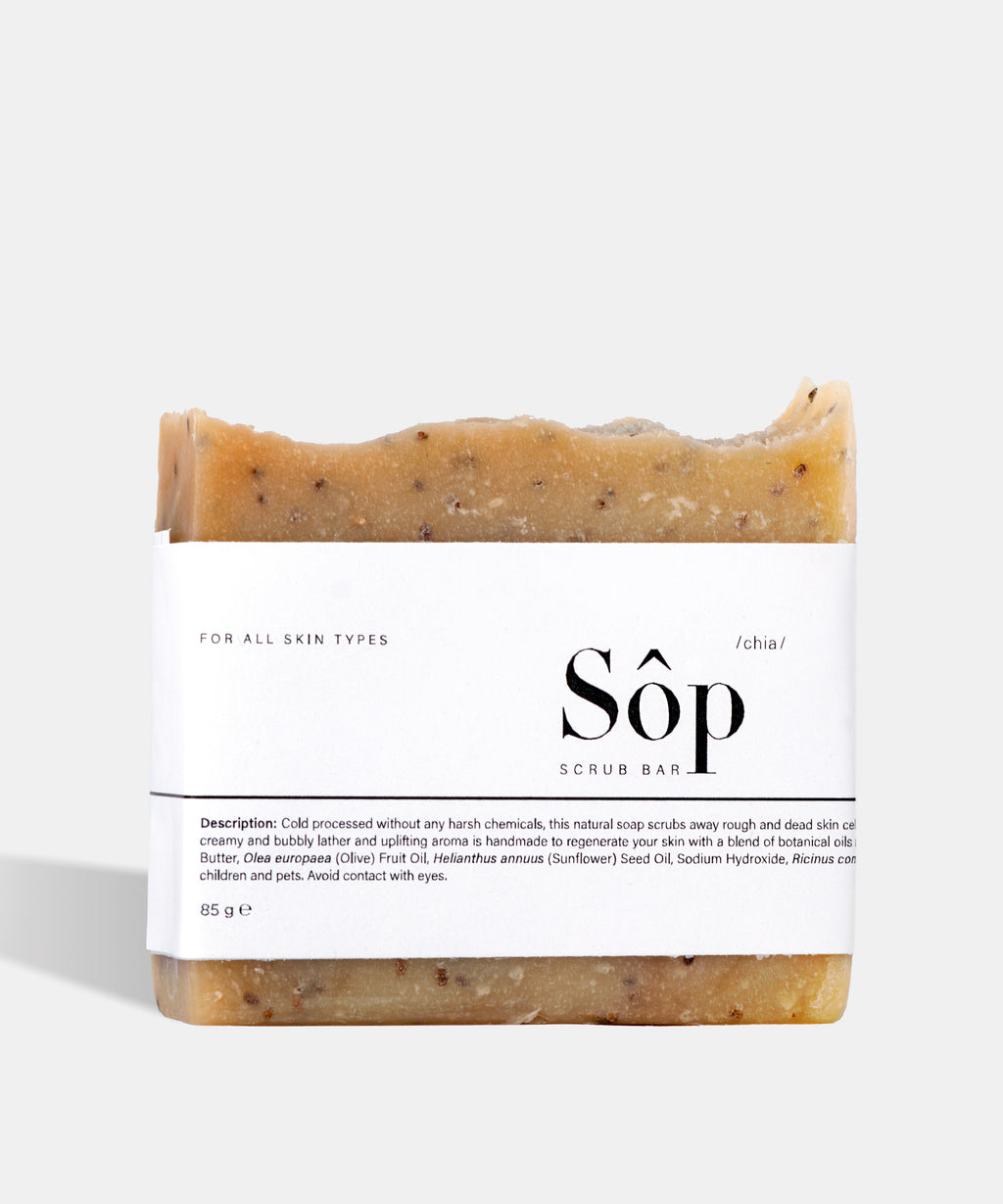 Atelier Beautanique Sôp Chia Scrub Soap Bar on Gray Background with Light Shadow