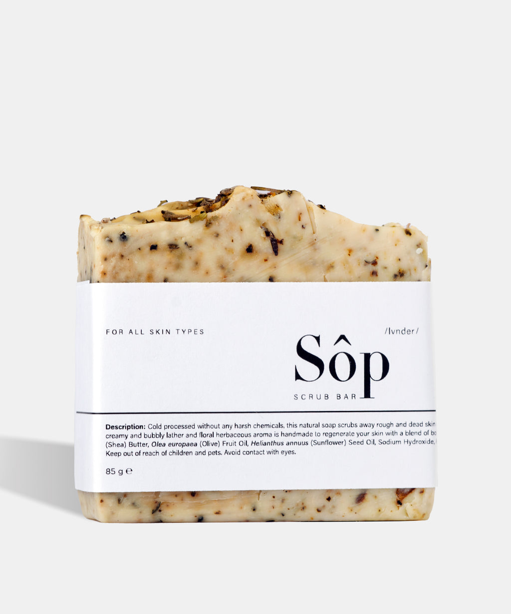 Atelier Beautanique Sôp Lavender Scrub Soap Bar on Gray Background with Light Shadow