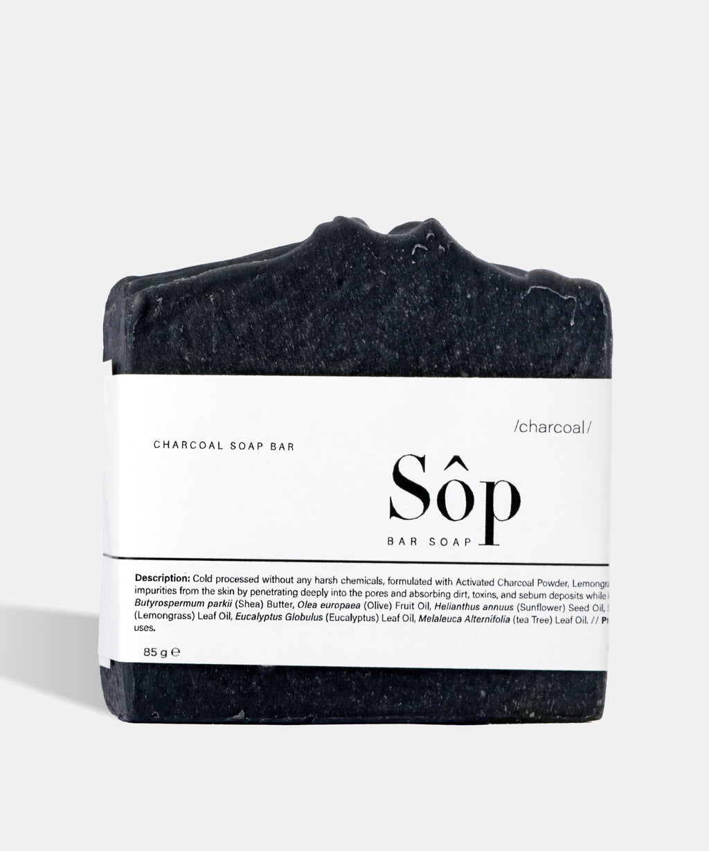 Atelier Beautanique Sôp Charcoal Soap Bar on Gray Background with Light Shadow