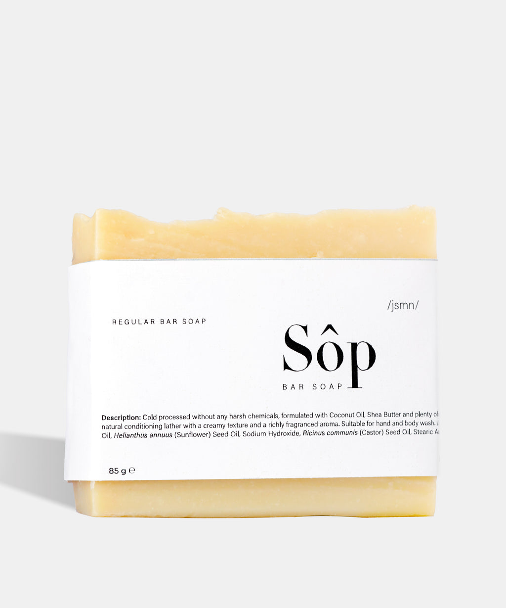 Atelier Beautanique Sôp Jasmine Soap Bar on Gray Background with Light Shadow