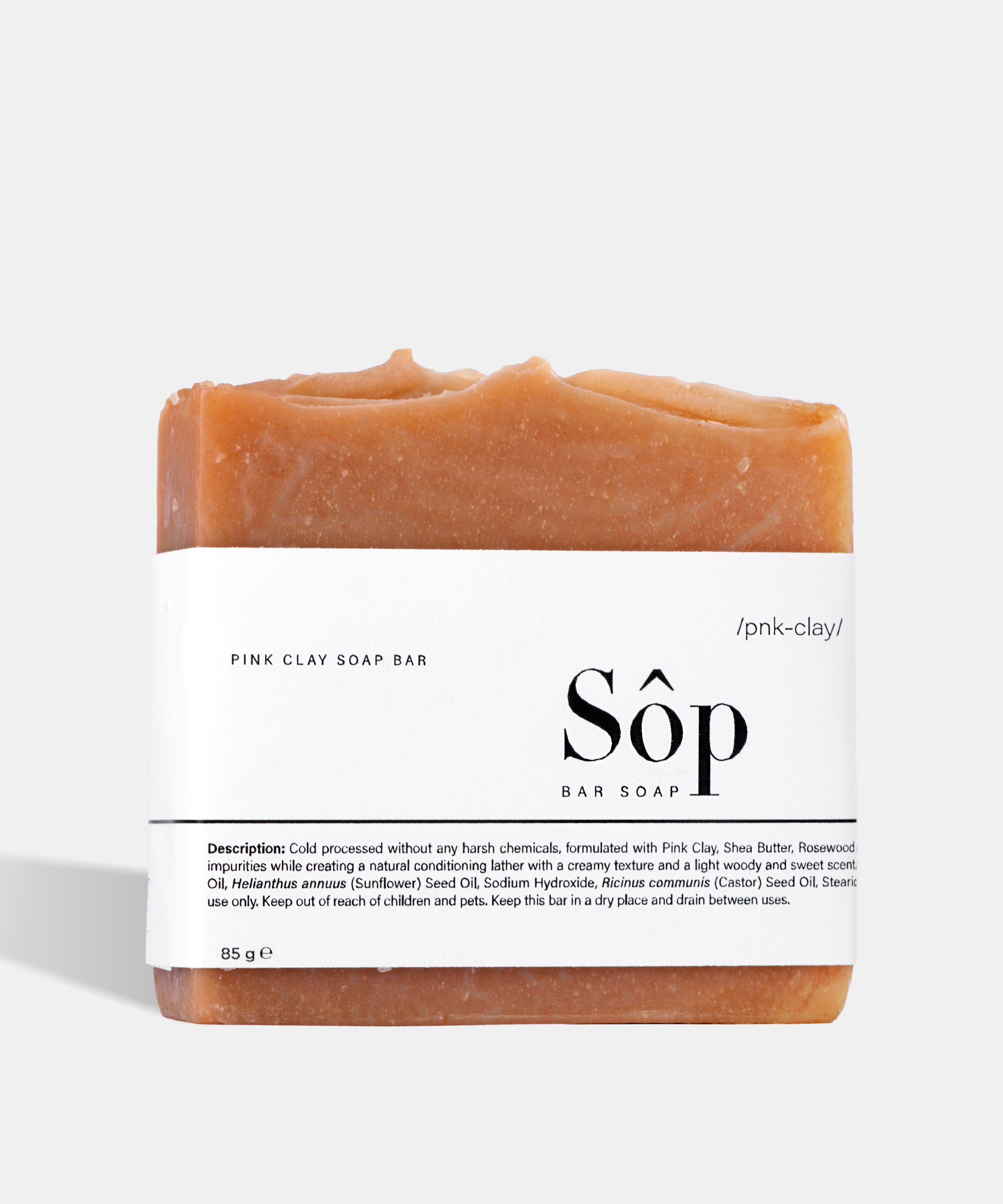 Atelier Beautanique Sôp Pink Clay Soap Bar on Gray Background with Light Shadow