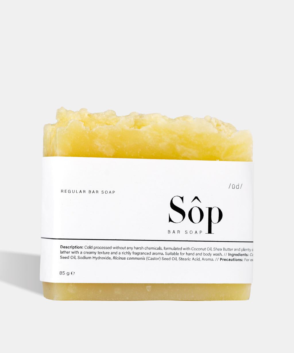 Atelier Beautanique Sôp Oud Soap Bar on Gray Background with Light Shadow