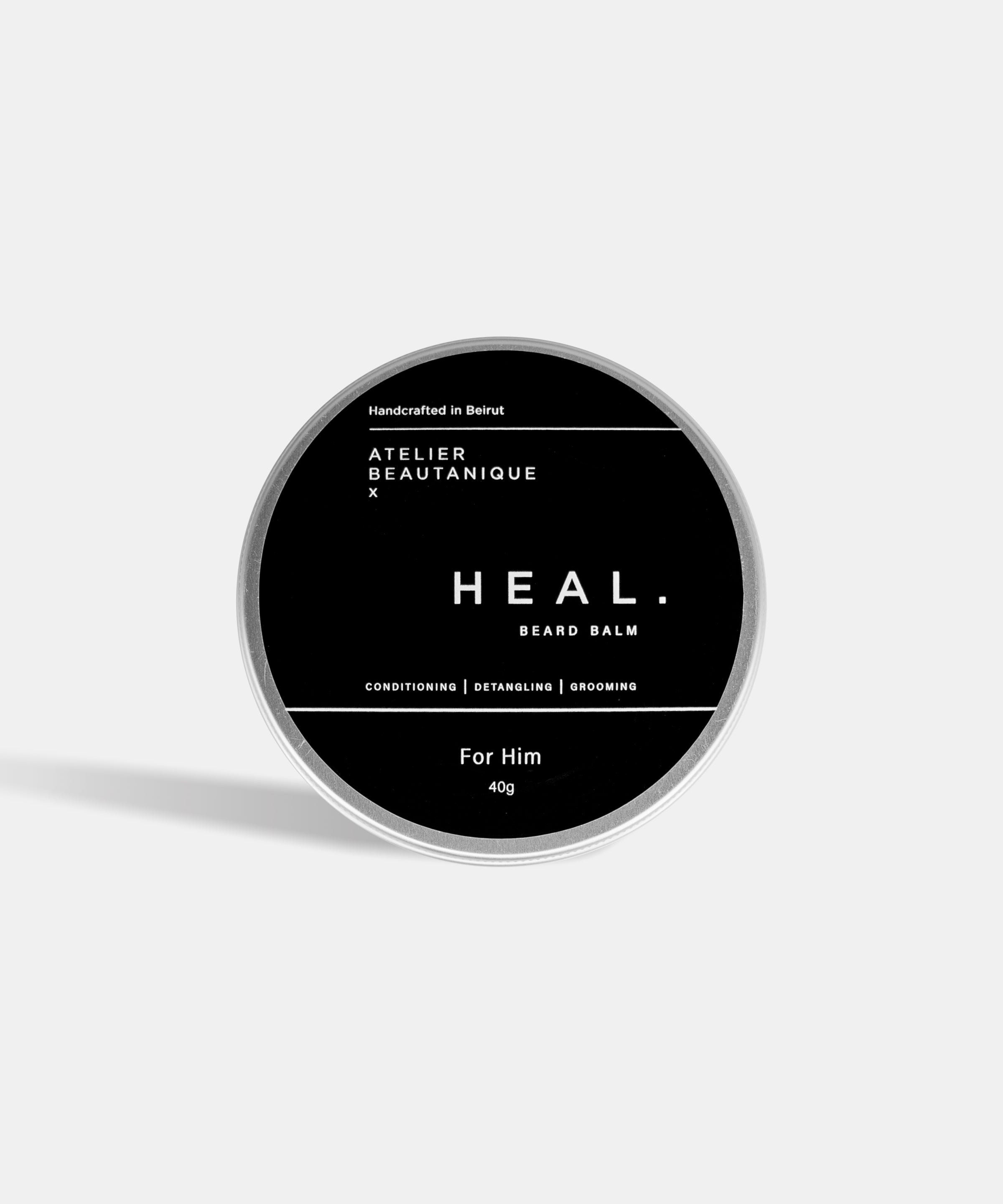 Atelier Beautanique HEAL. Beard Balm on Grey Background with Light Shadow