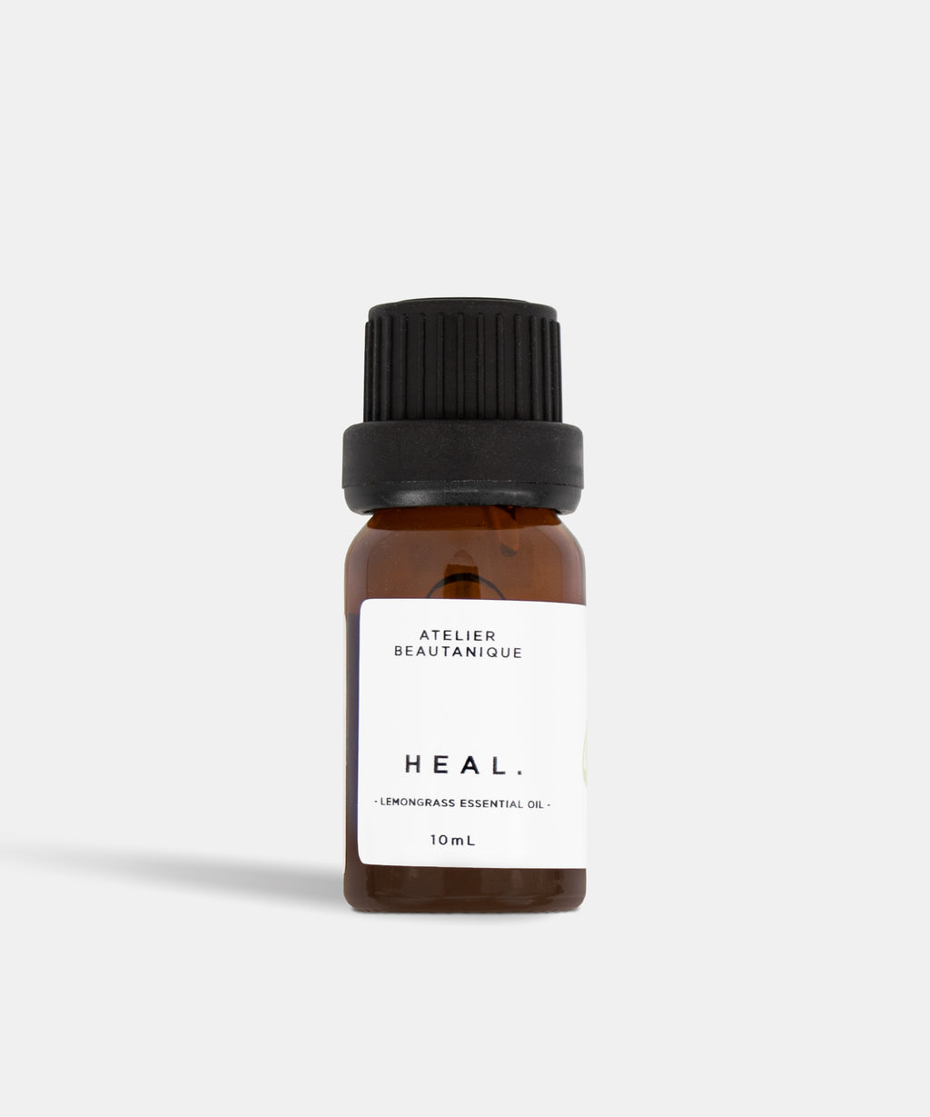 Atelier Beautanique HEAL. Lemongrass Essential Oil 10mL Bottle on Grey Background with Light Shadow