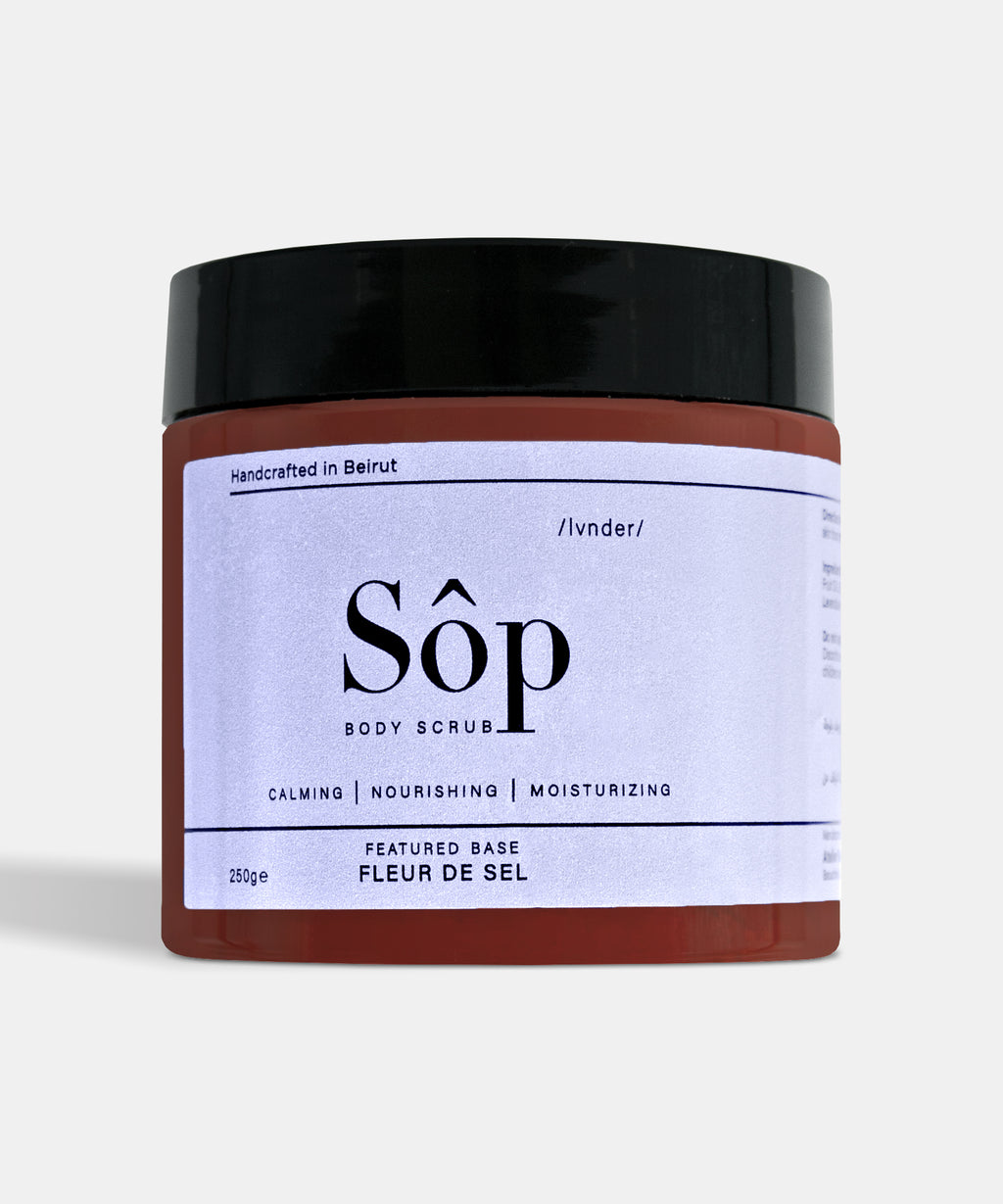 Atelier Beautanique Sôp Lavender Body Scrub Jar on Gray Background with Light Shadow