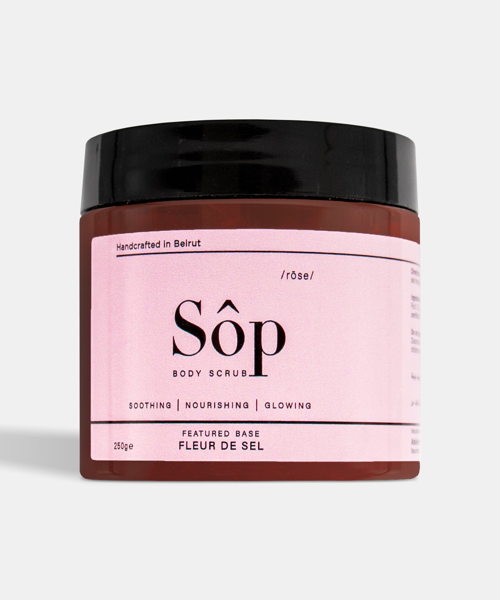 Atelier Beautanique Sôp Rose Body Scrub Jar on Gray Background with Light Shadow