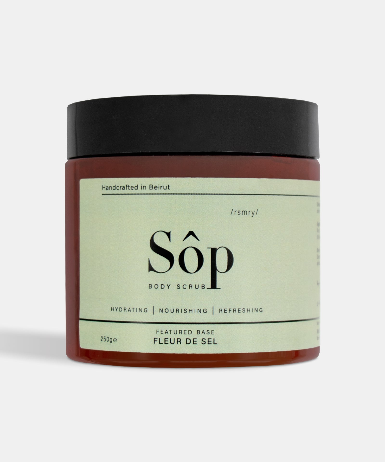 Atelier Beautanique Sôp Rosemary Body Scrub Jar on Gray Background with Light Shadow