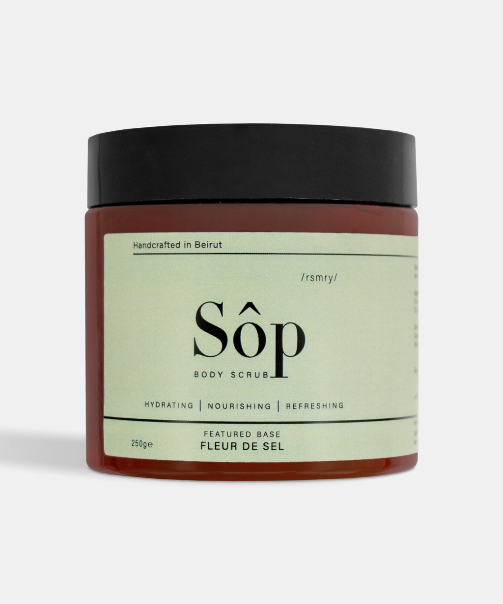 Atelier Beautanique Sôp Rosemary Body Scrub Jar on Gray Background with Light Shadow