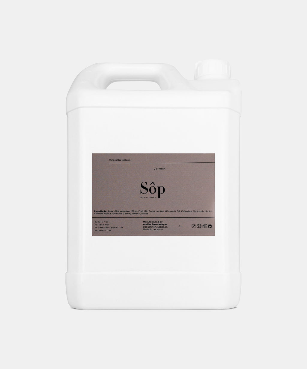 Atelier Beautanique Sôp Black Musk Liquid Soap Refill Gallon on Gray Background with Light Shadow