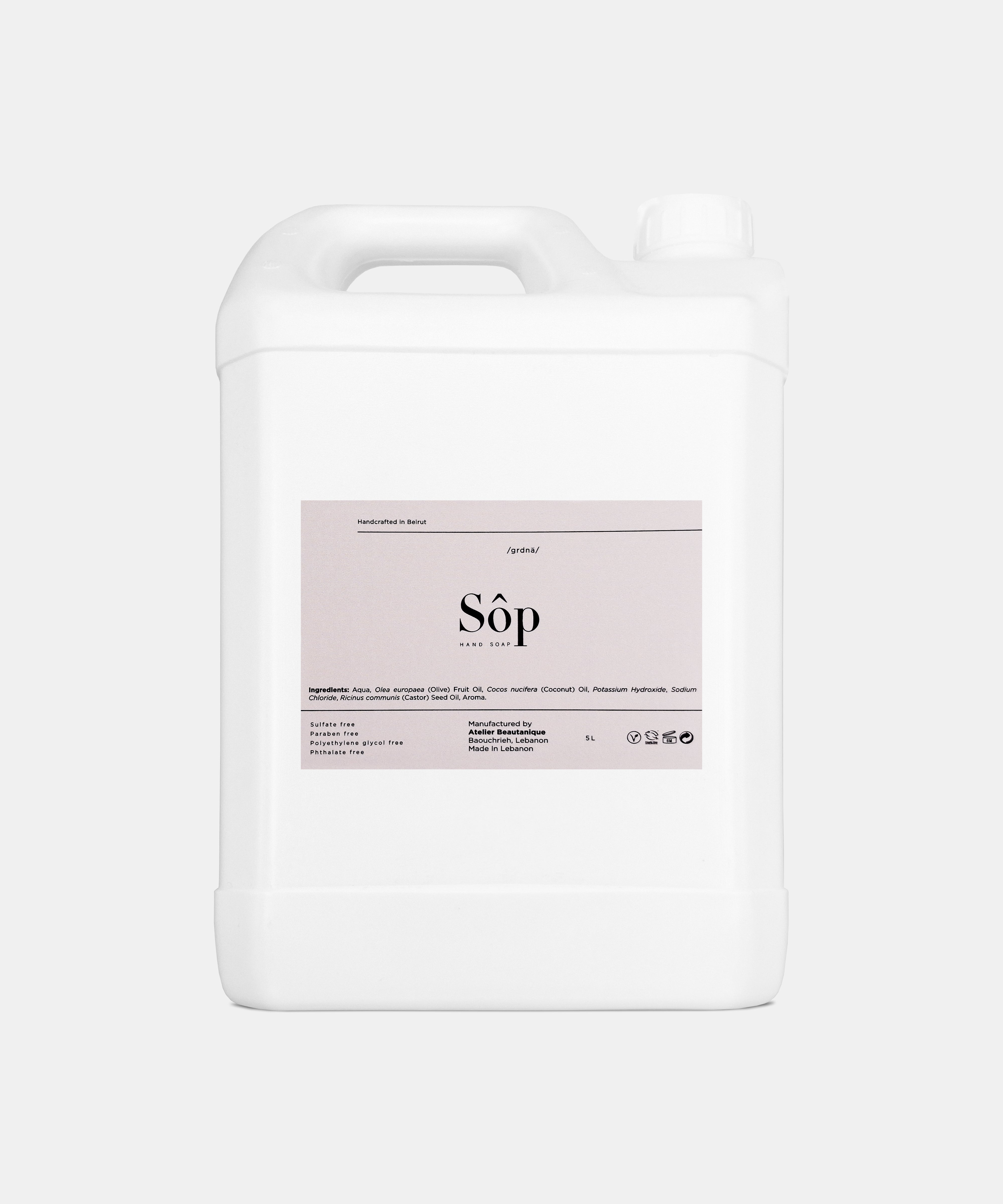 Atelier Beautanique Sôp Gardenia Liquid Soap Refill Gallon on Gray Background with Light Shadow