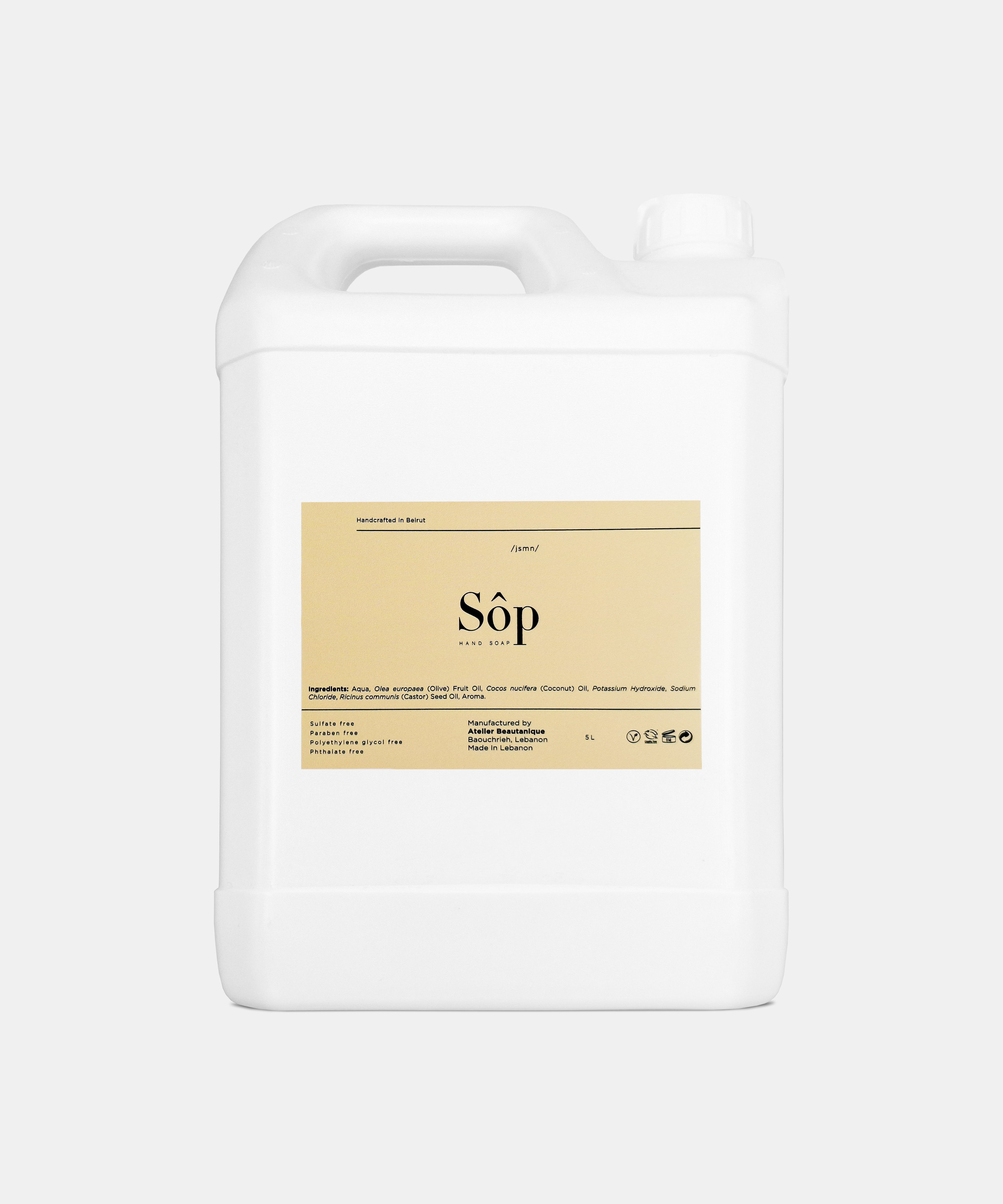 Atelier Beautanique Sôp Jasmine Liquid Soap Refill Gallon on Gray Background with Light Shadow