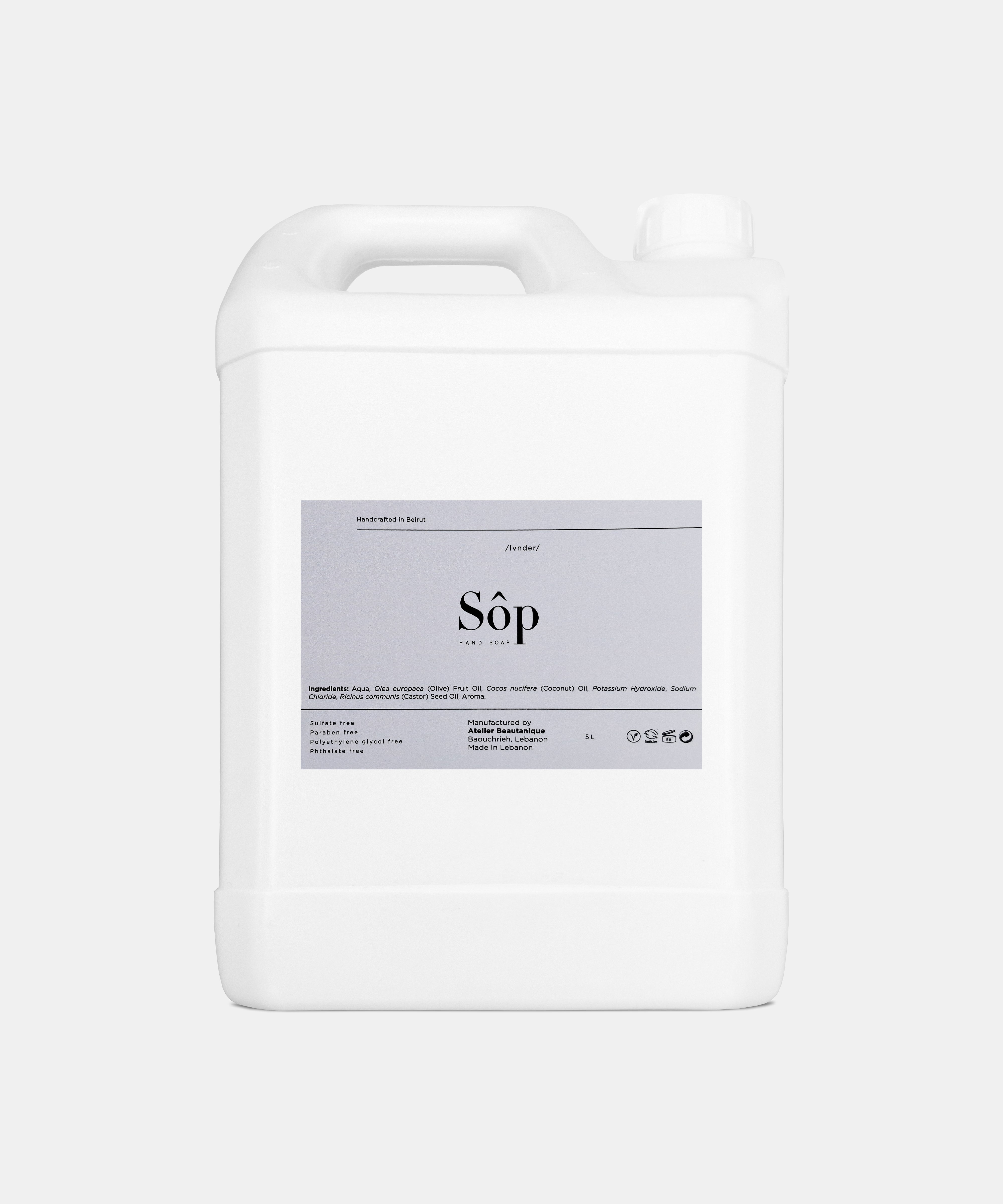 Atelier Beautanique Sôp Lavender Liquid Soap Refill Gallon on Gray Background with Light Shadow