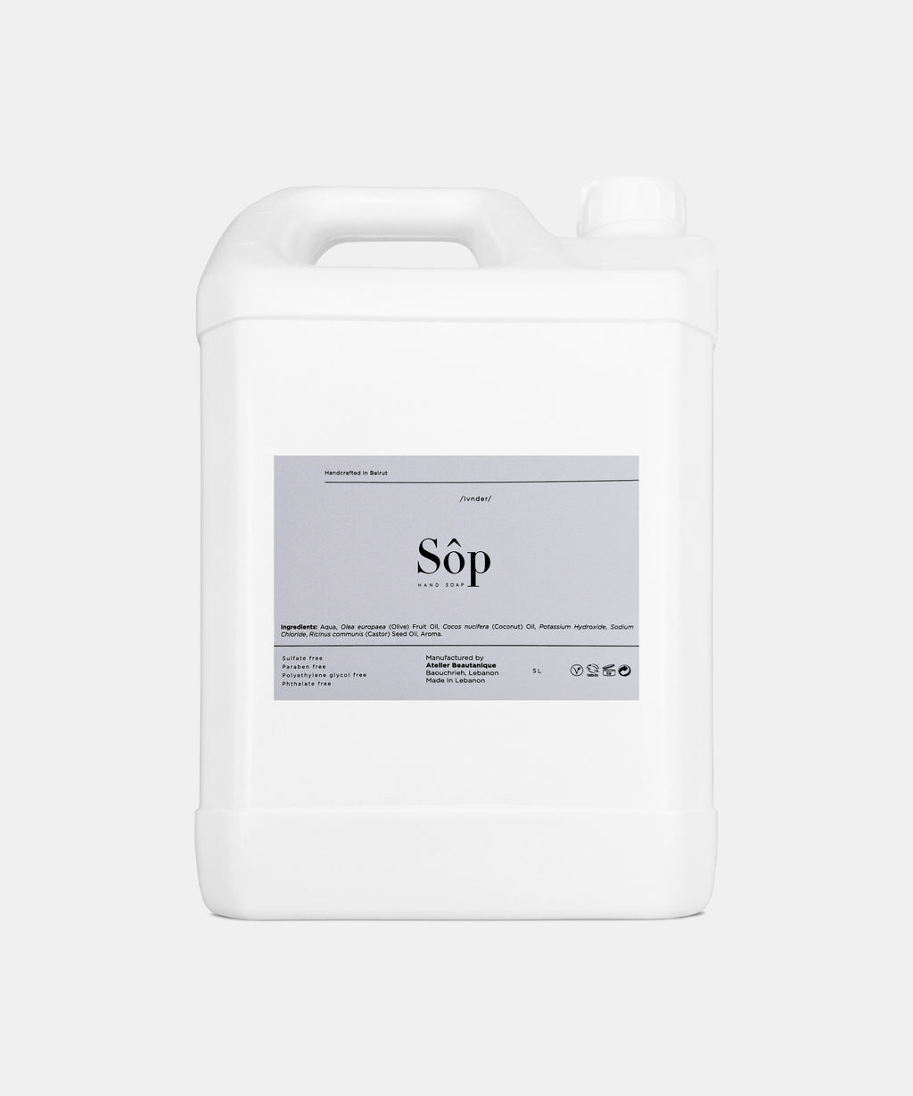 Atelier Beautanique Sôp Lavender Liquid Soap Refill Gallon on Gray Background with Light Shadow