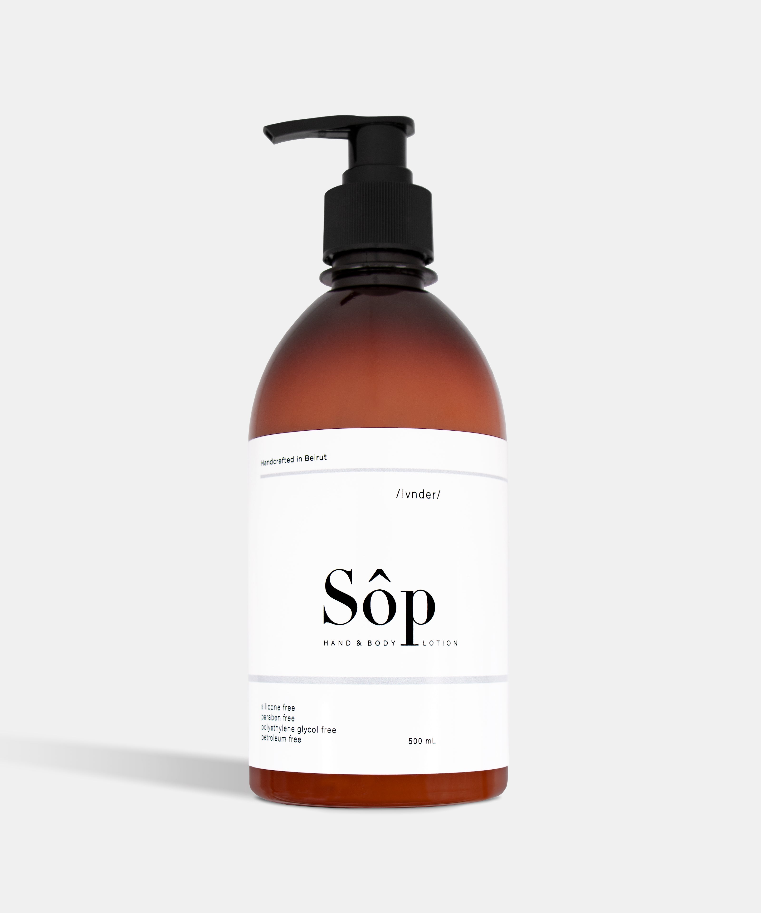 Atelier Beautanique Sôp Lavender Body Lotion 500mL Bottle on Gray Background with Light Shadow