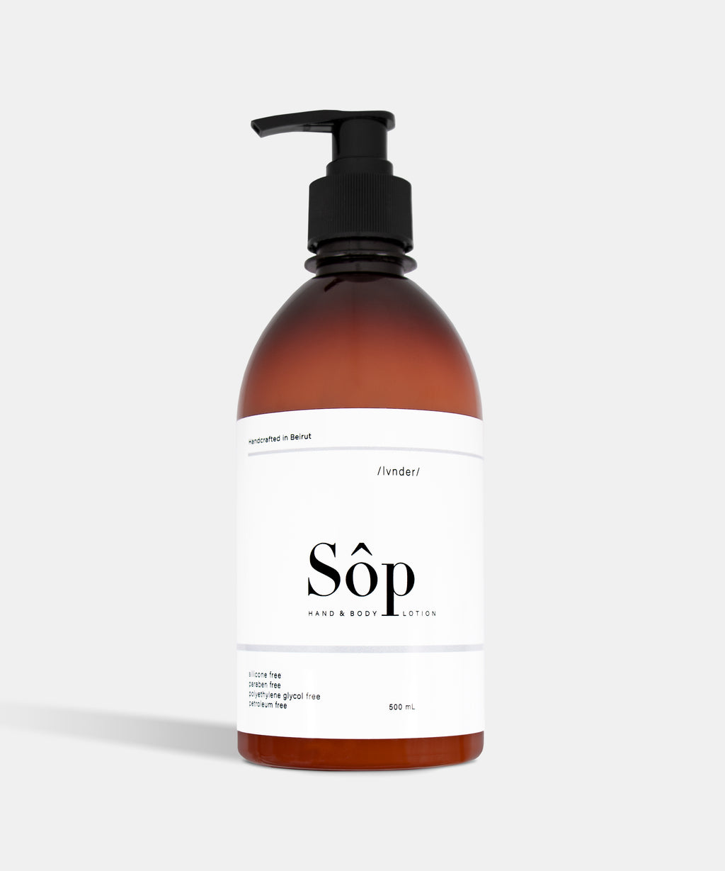 Atelier Beautanique Sôp Lavender Body Lotion 500mL Bottle on Gray Background with Light Shadow