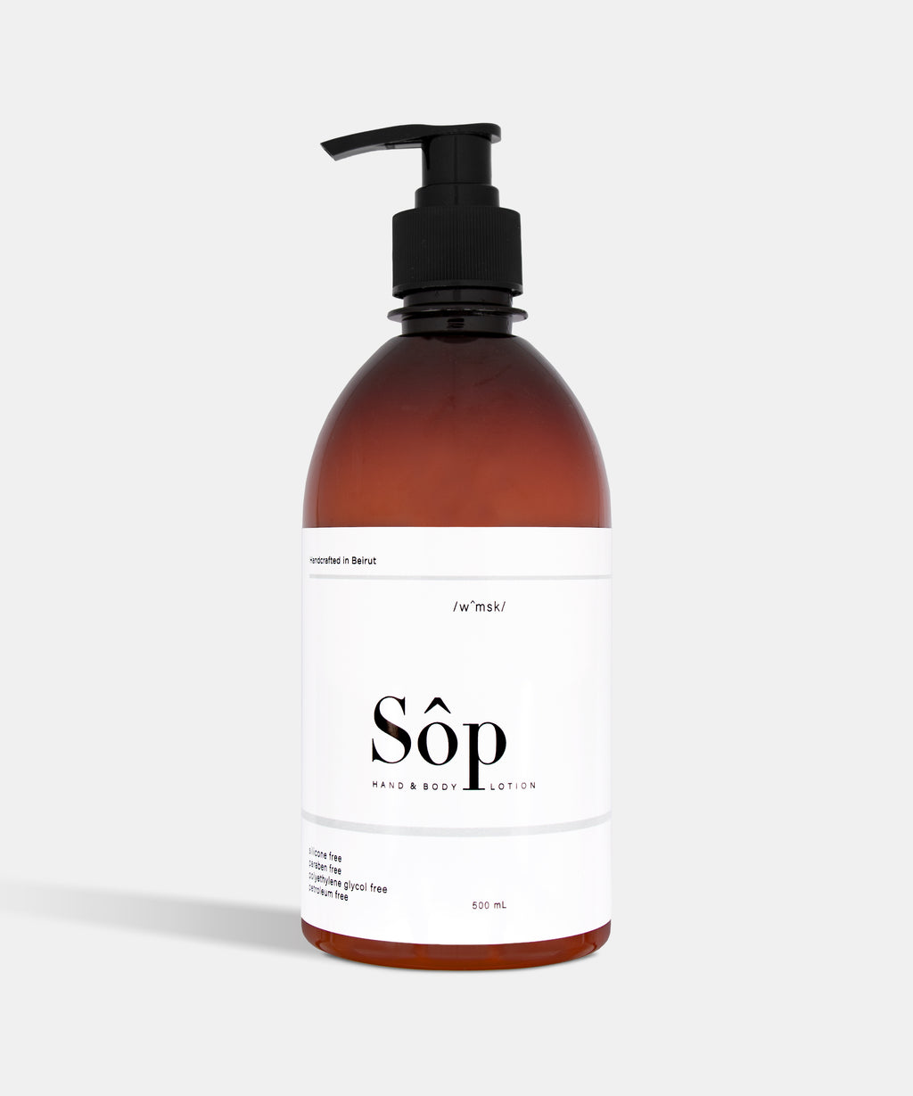 Atelier Beautanique Sôp White Musk Body Lotion 500mL Bottle on Gray Background with Light Shadow