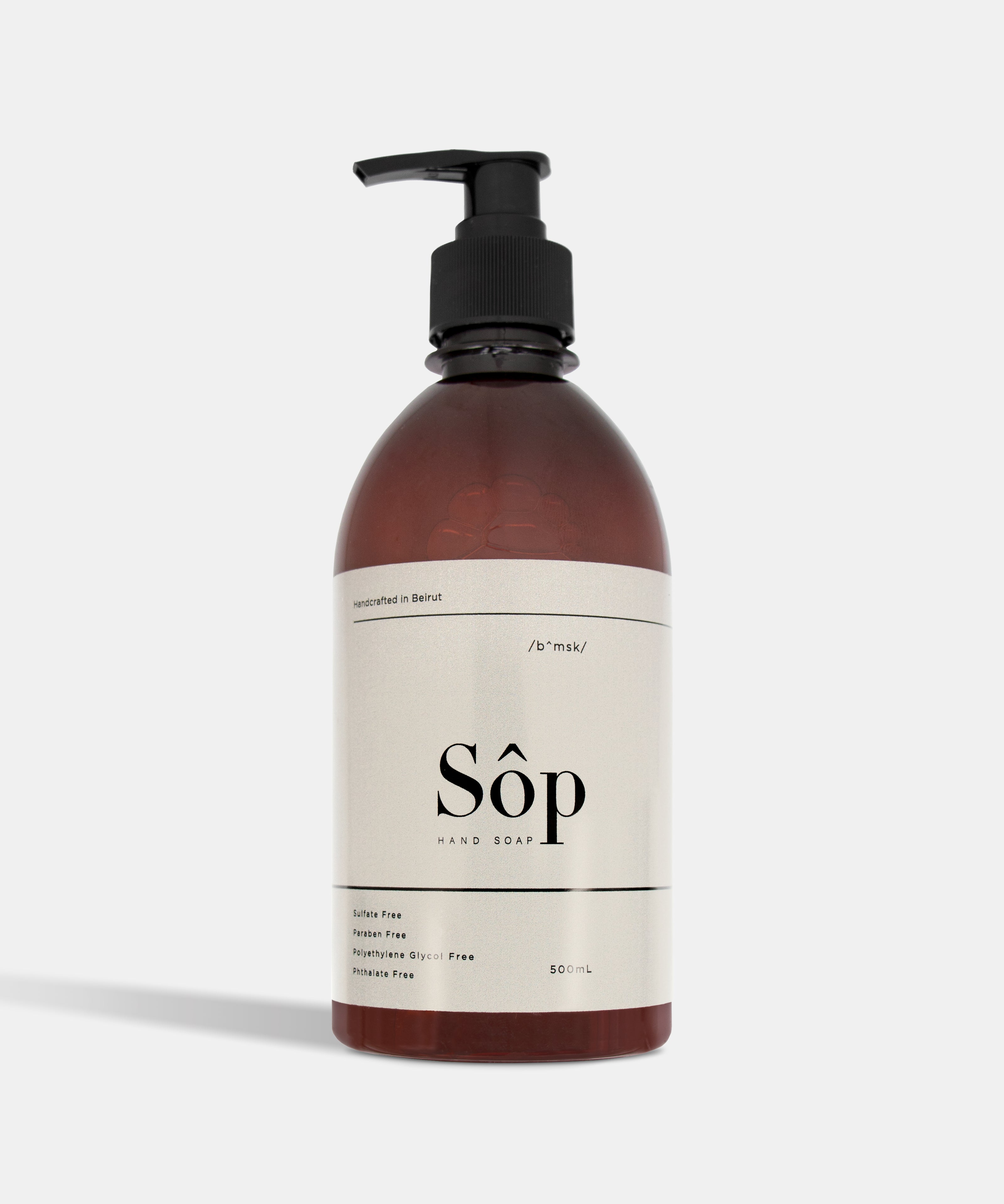 Atelier Beautanique Sôp Black Musk Liquid Soap 500mL Bottle on Gray Background with Light Shadow