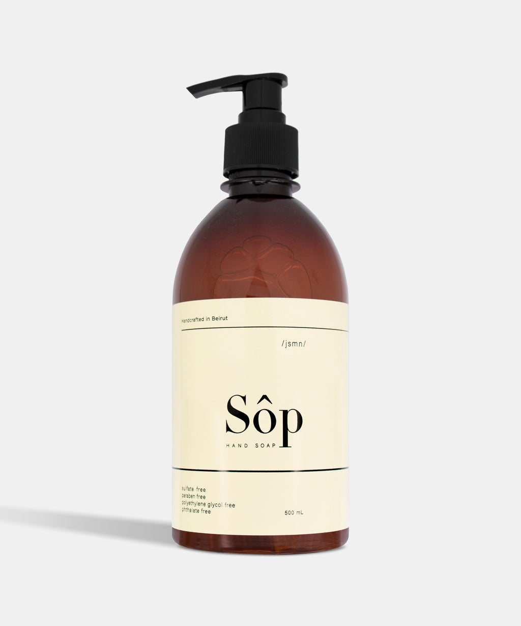 Atelier Beautanique Sôp Jasmine Liquid Soap 500mL Bottle on Gray Background with Light Shadow