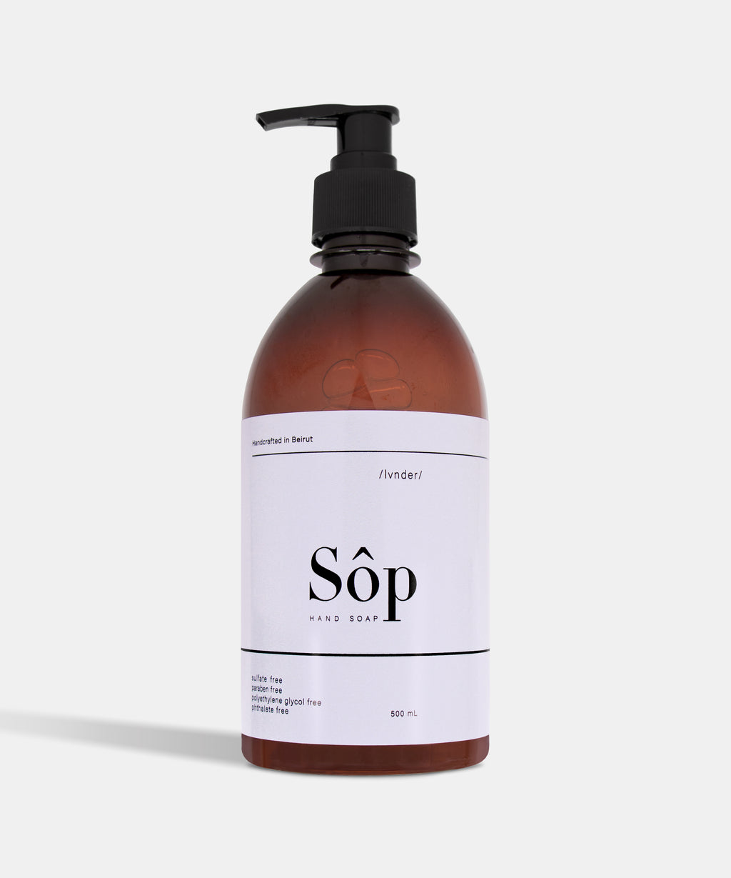Atelier Beautanique Sôp Lavender Liquid Soap 500mL Bottle on Gray Background with Light Shadow