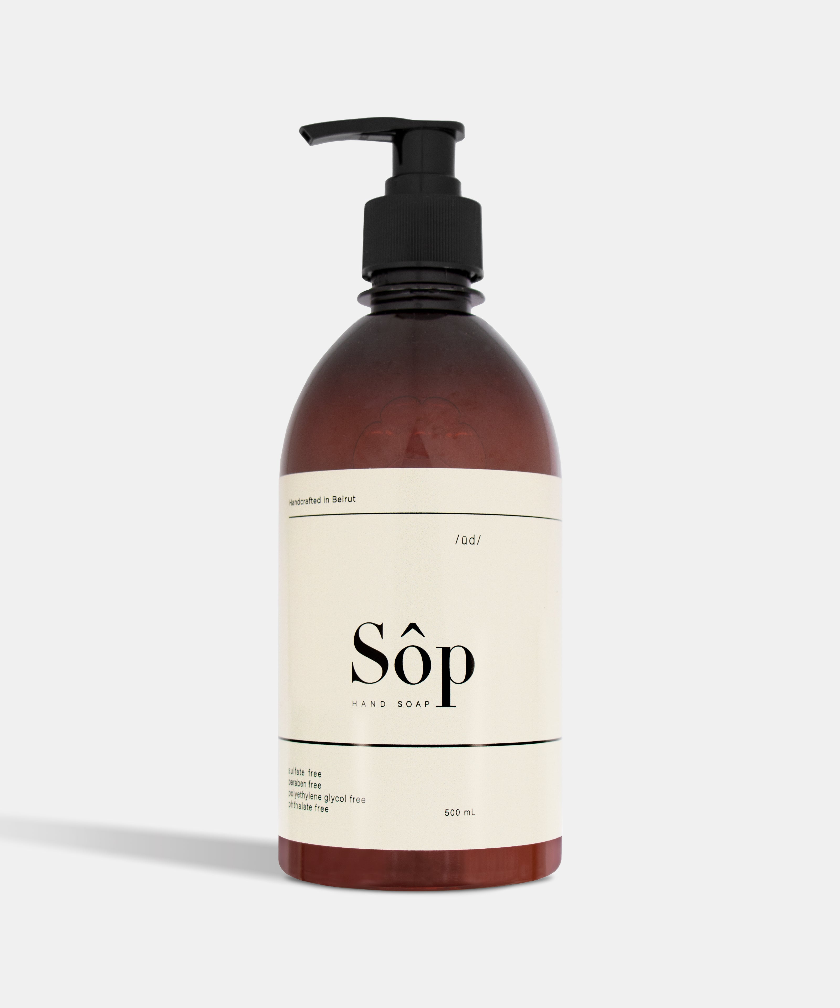 Atelier Beautanique Sôp Oud Liquid Soap 500mL Bottle on Gray Background with Light Shadow