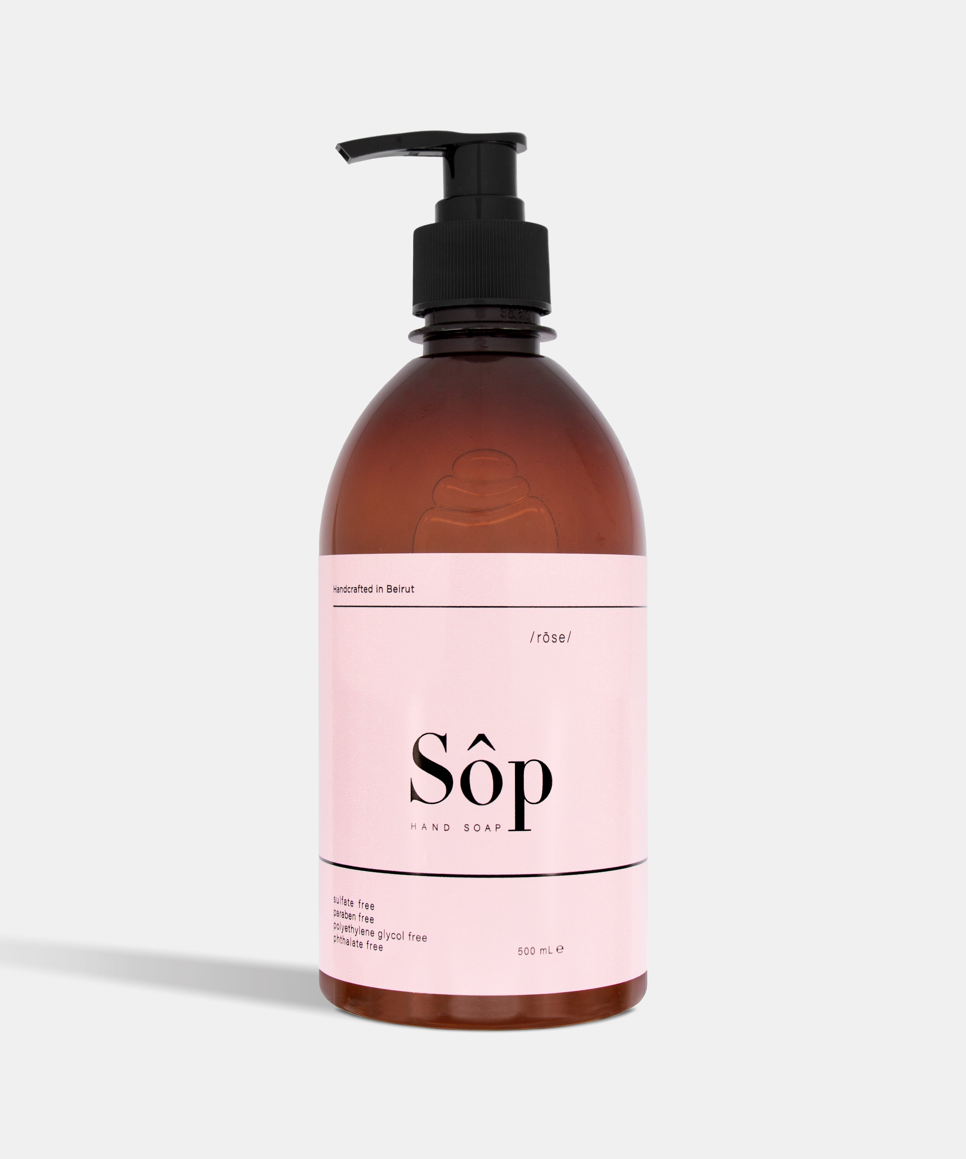 Atelier Beautanique Sôp Rose Liquid Soap 500mL Bottle on Gray Background with Light Shadow
