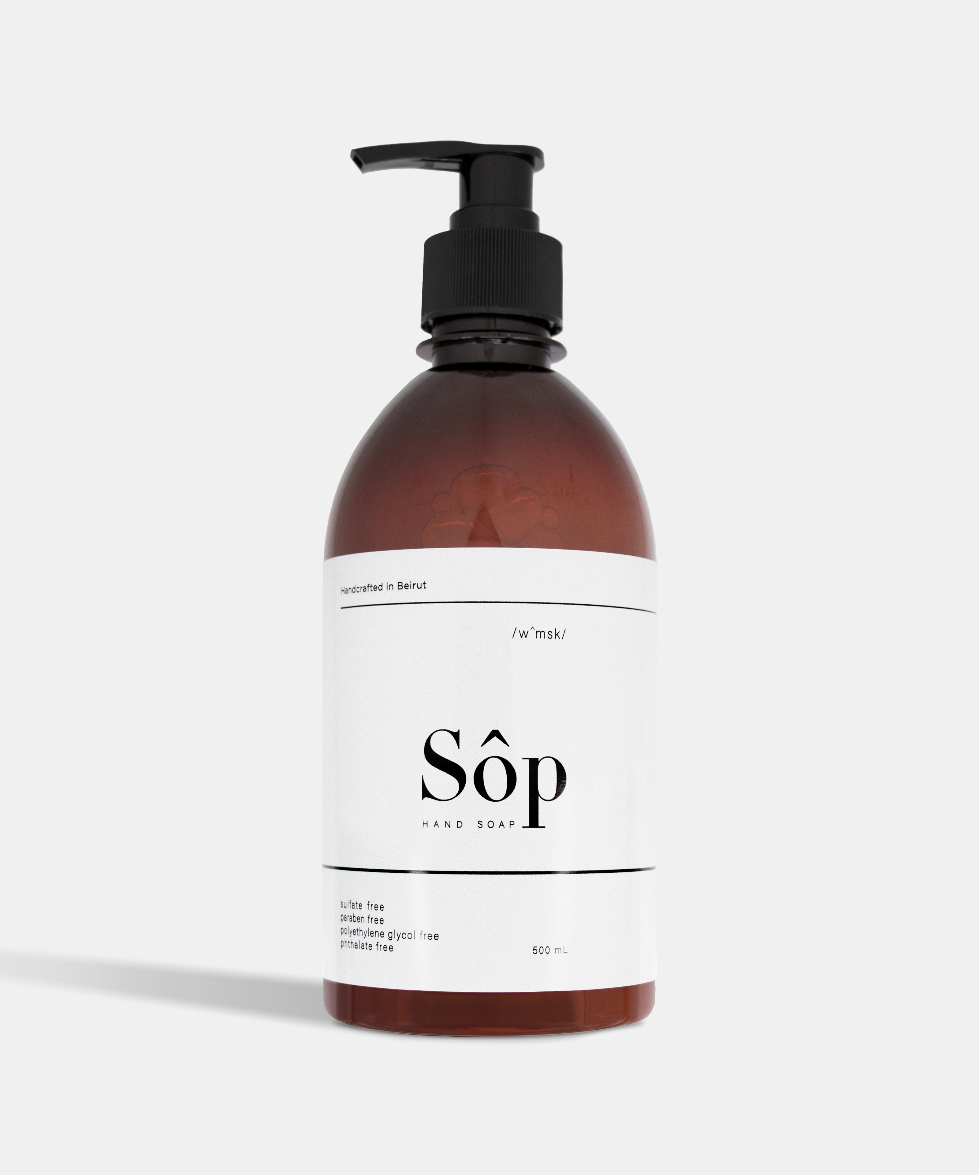 Atelier Beautanique Sôp White Musk Liquid Soap 500mL Bottle on Gray Background with Light Shadow