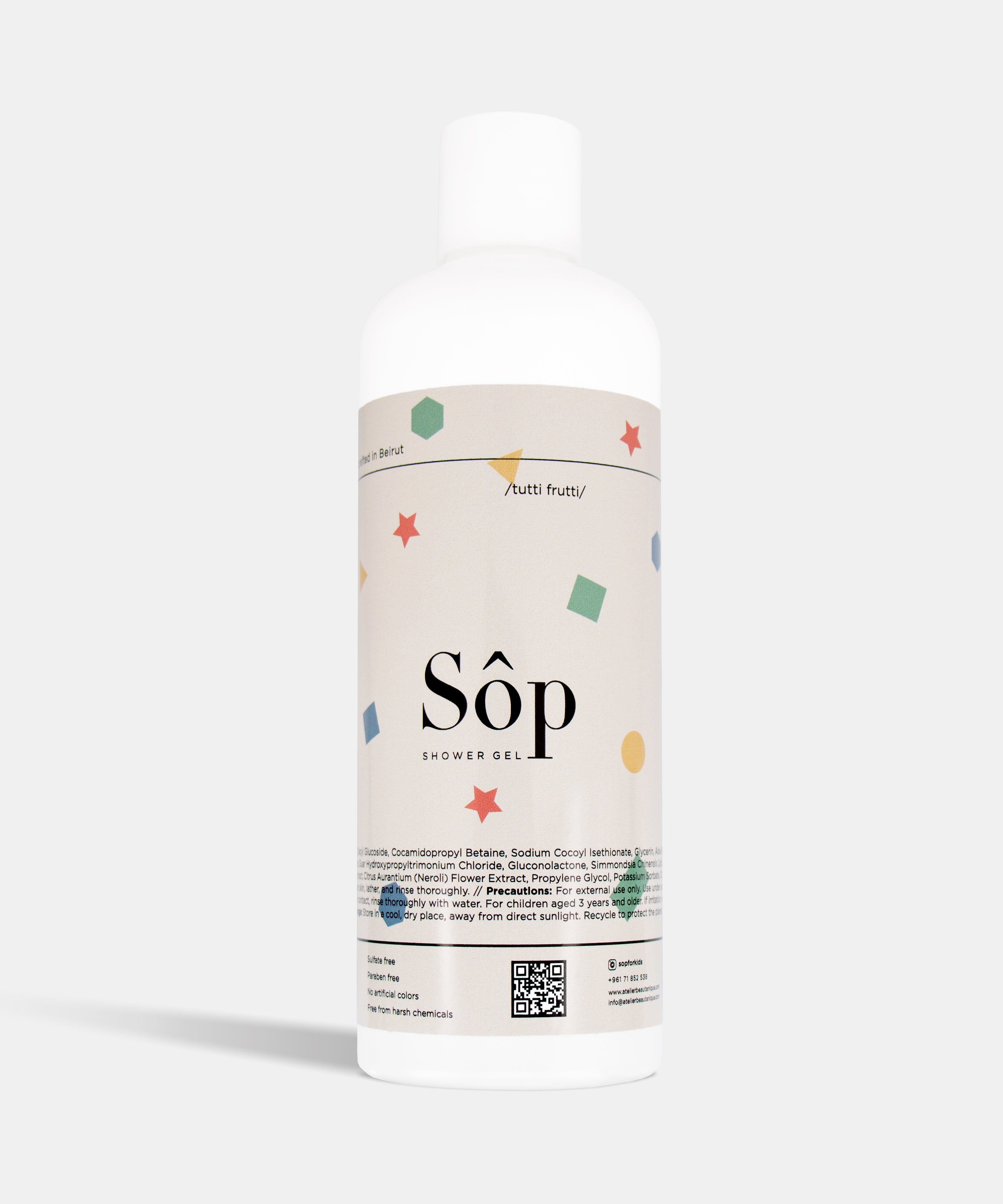 Atelier Beautanique Sôp Kids Shower Gel Bottle on Gray Background with Light Shadow