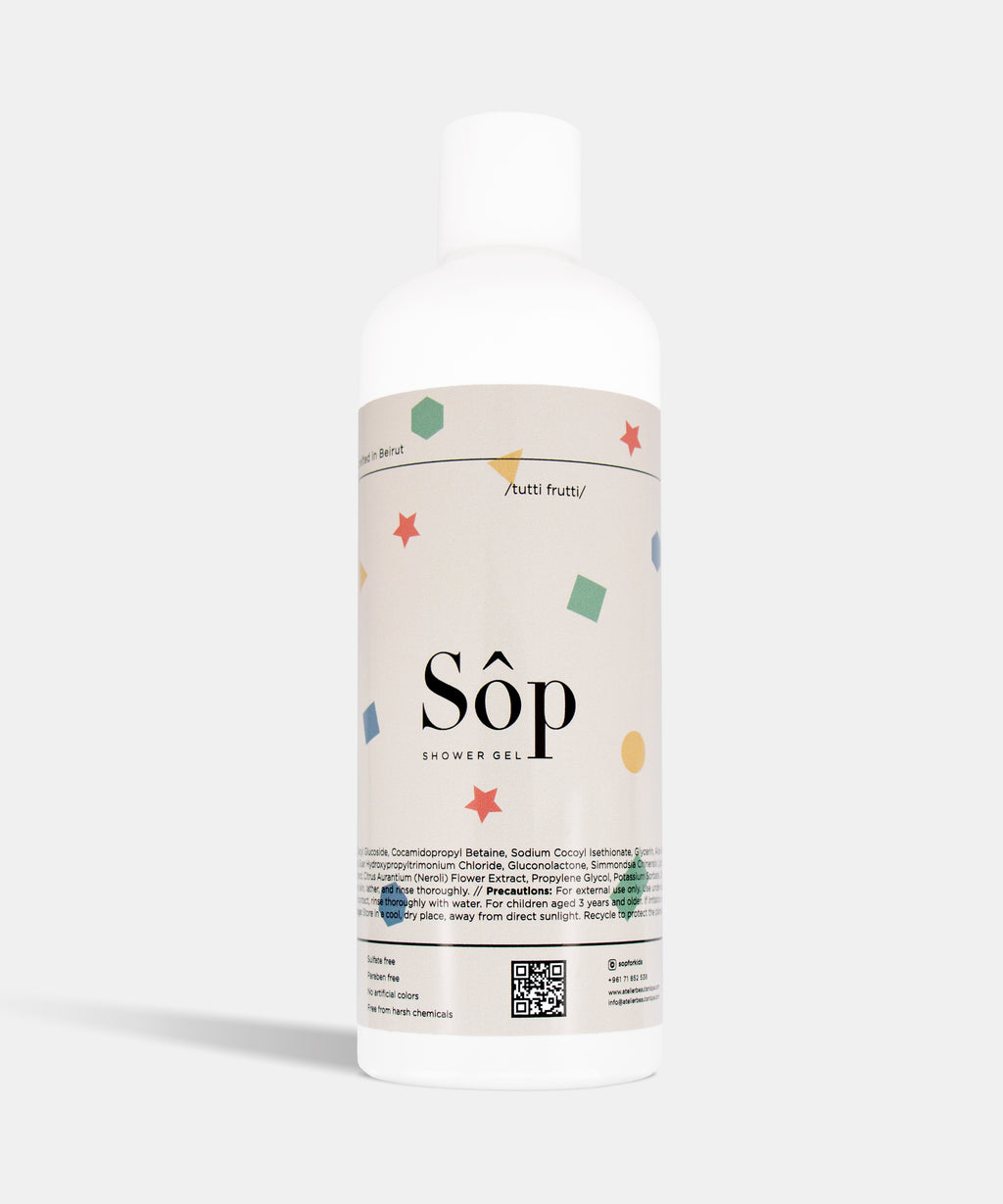 Atelier Beautanique Sôp Kids Shower Gel Bottle on Gray Background with Light Shadow