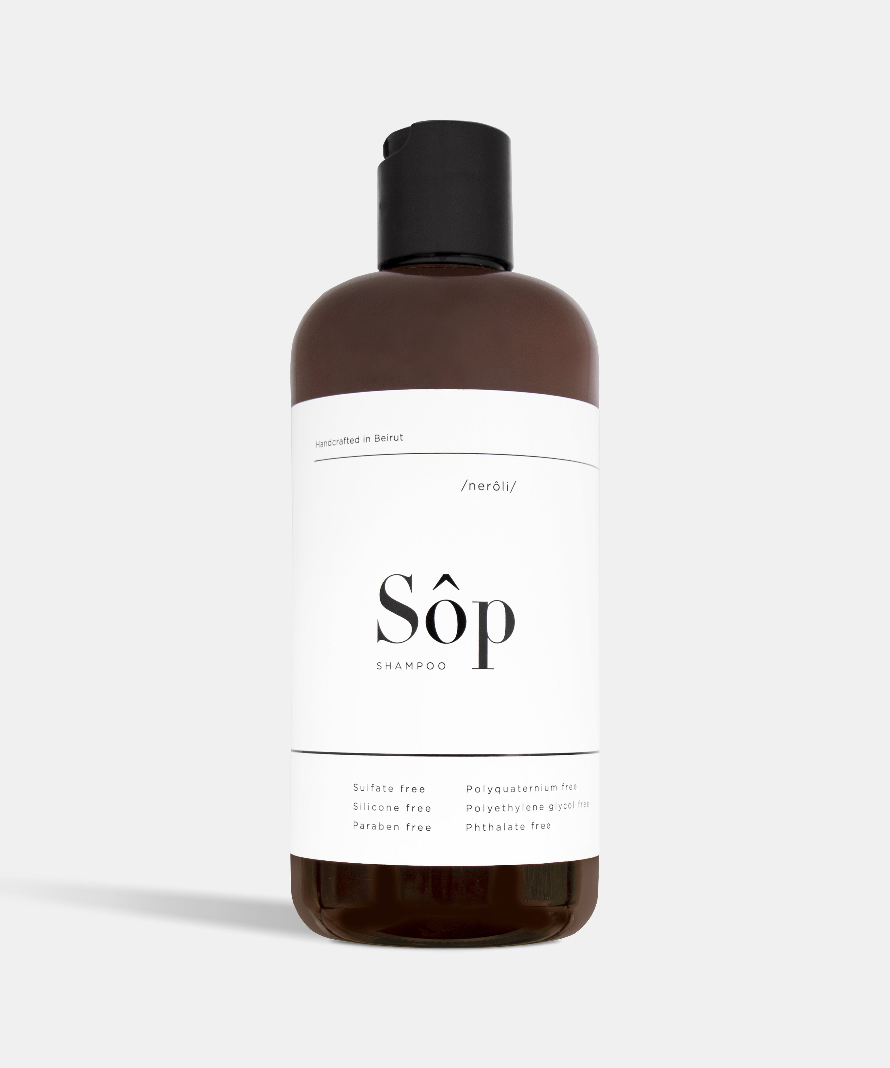 Atelier Beautanique Sôp Neroli Shampoo Bottle on Gray Background with Light Shadow