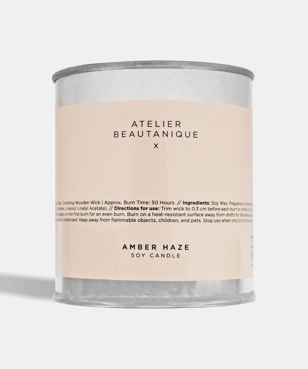 Atelier Beautanique Amber Haze Soy Candle on Gray Background with Light Shadow