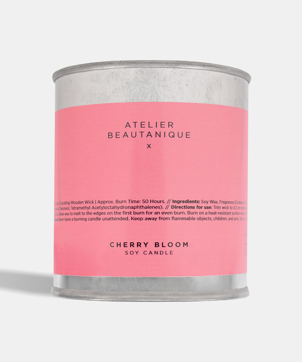 Atelier Beautanique Cherry Bloom Soy Candle on Gray Background with Light Shadow