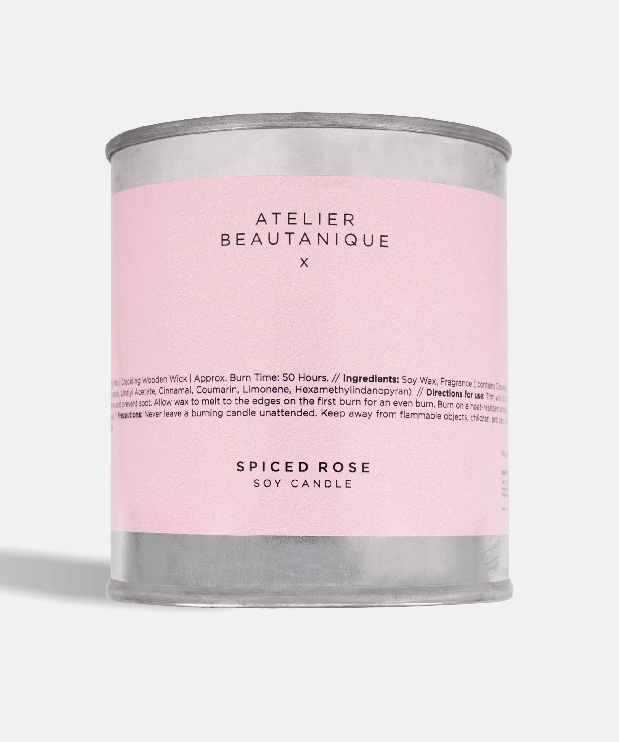 Atelier Beautanique Spiced Rose Soy Candle on Gray Background with Light Shadow