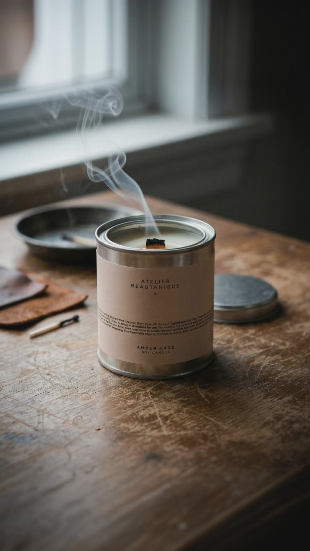 Atelier Beautanique Amber Haze Soy Candle on Gray Background with Light Shadow