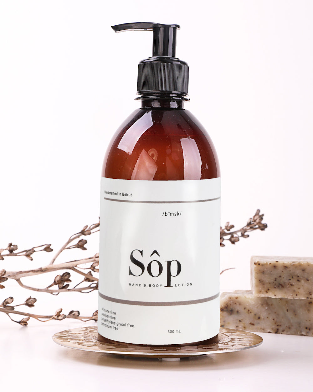 Atelier Beautanique Sôp Black Musk Body Lotion 500mL Bottle on Gray Background with Light Shadow