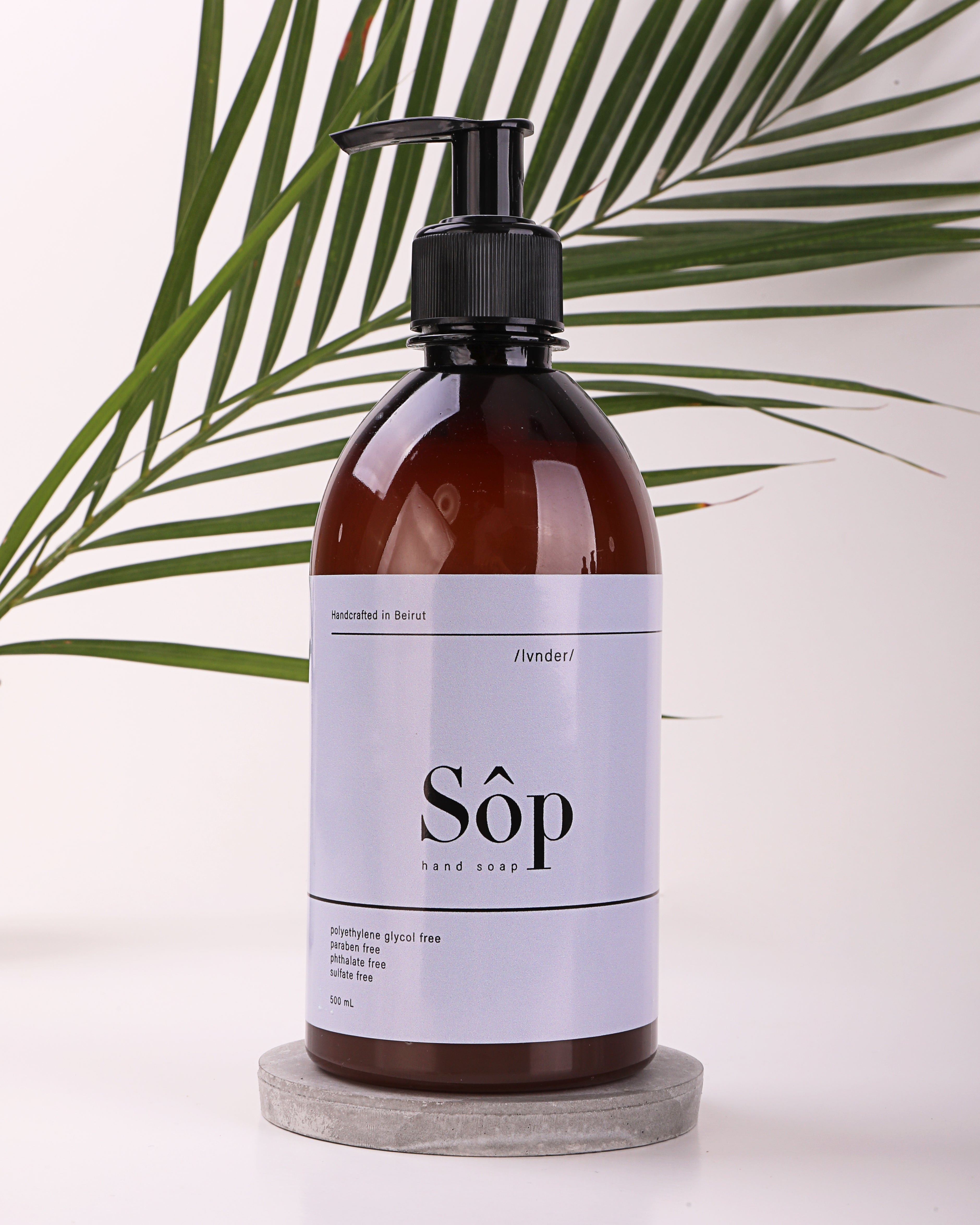 Atelier Beautanique Sôp Lavender Liquid Soap 500mL Bottle on Gray Background with Light Shadow