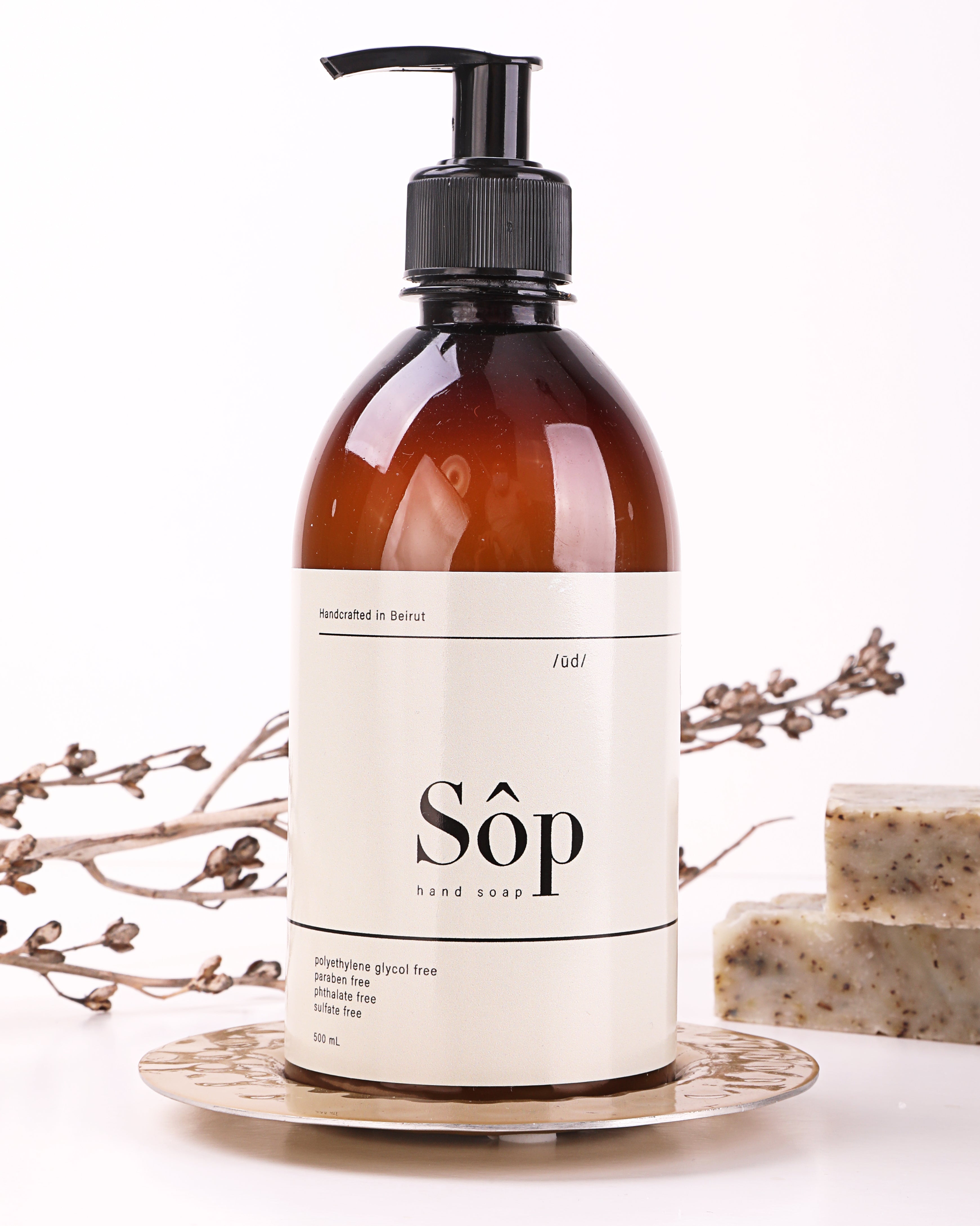 Atelier Beautanique Sôp Oud Liquid Soap 500mL Bottle on Gray Background with Light Shadow